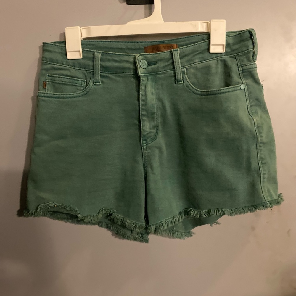 Med green Judy Blue stretch jean cut off shorts